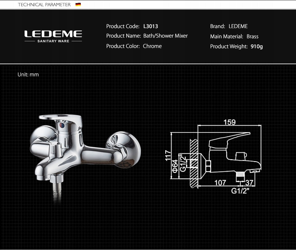 Sieninis vonios ir dušo maišytuvas Ledeme, chromas