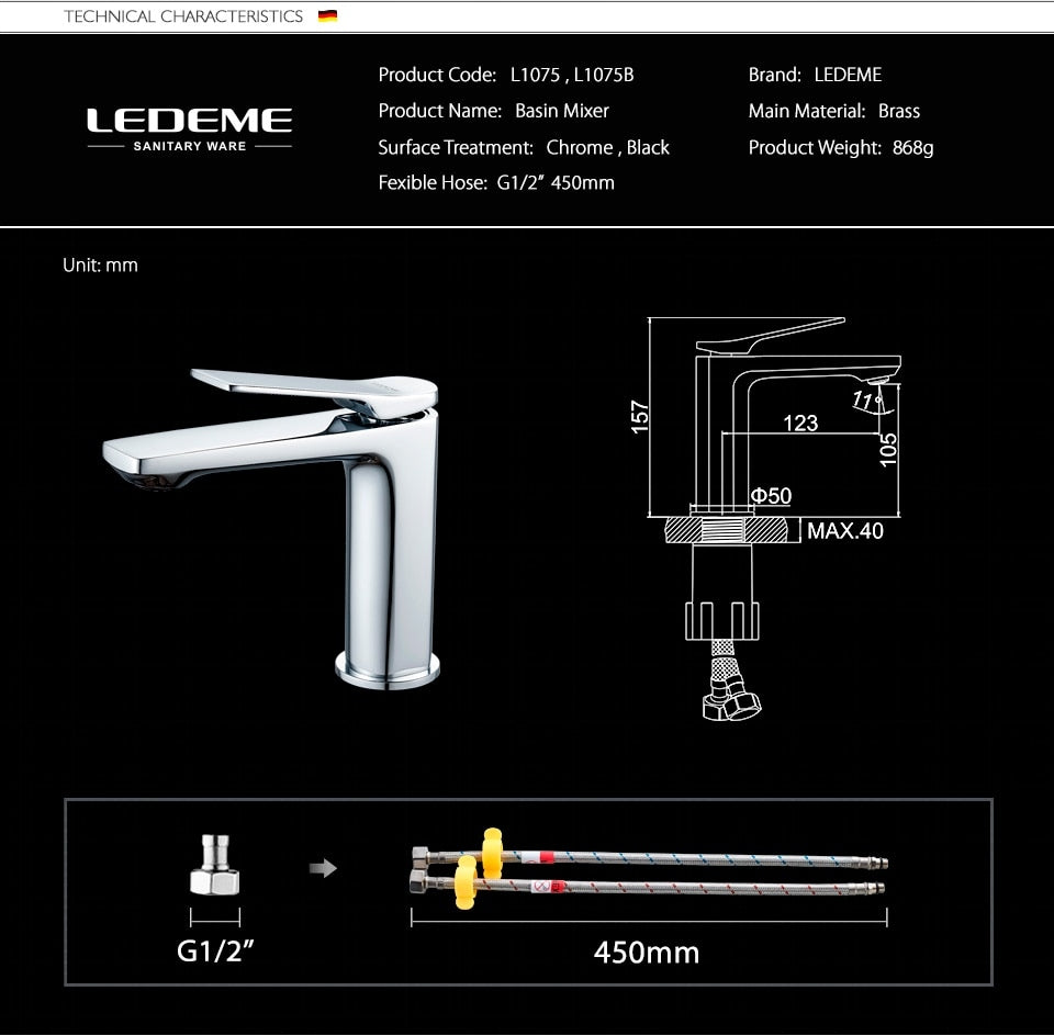 Chromuotas praustuvo maišytuvas Ledeme