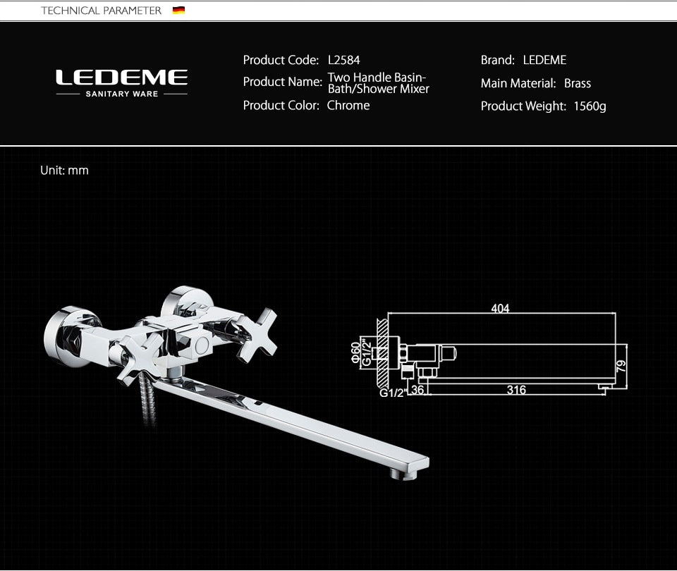 Sieninis vonios ir dušo maišytuvas Ledeme, chromas