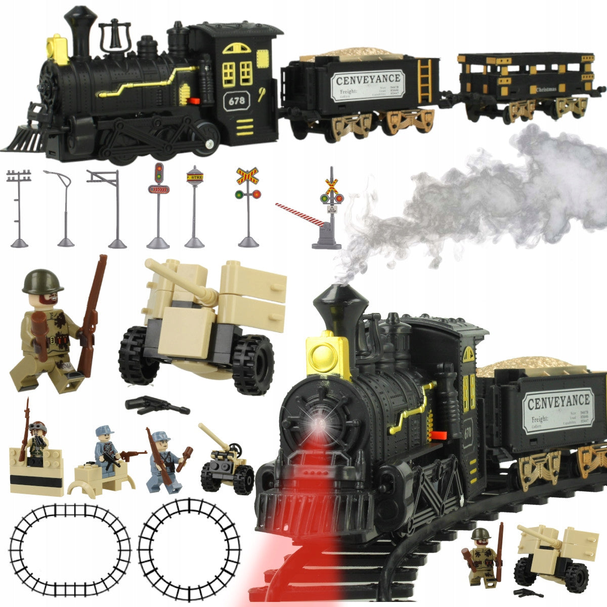 Didelis elektrinis karinis traukinys su 2 vagonais ir kareiviais