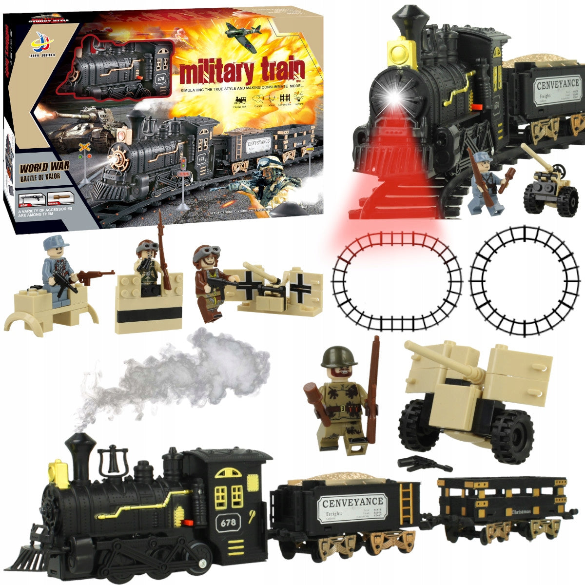 Didelis elektrinis karinis traukinys su 2 vagonais ir kareiviais