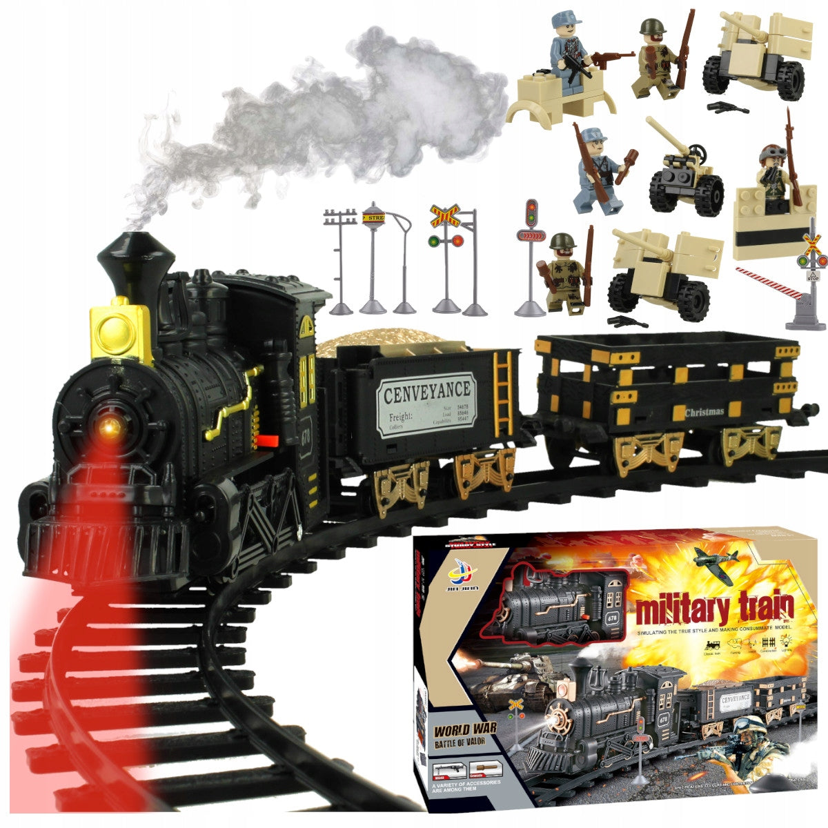 Didelis elektrinis karinis traukinys su 2 vagonais ir kareiviais