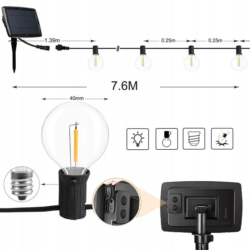 Sodo girlianda 760 cm + Saulės baterija + 25 lemputės 3W
