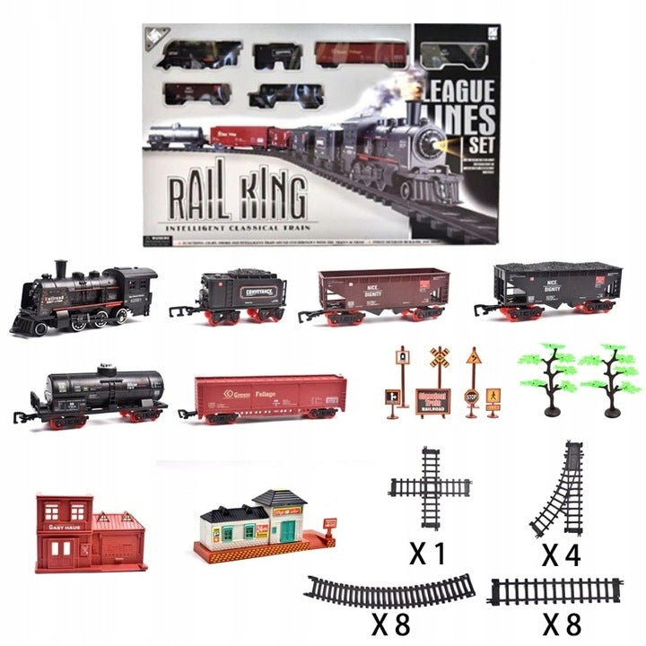 Klasikinis elektrinis traukinys su bėgiais, šviesos ir garso efektais