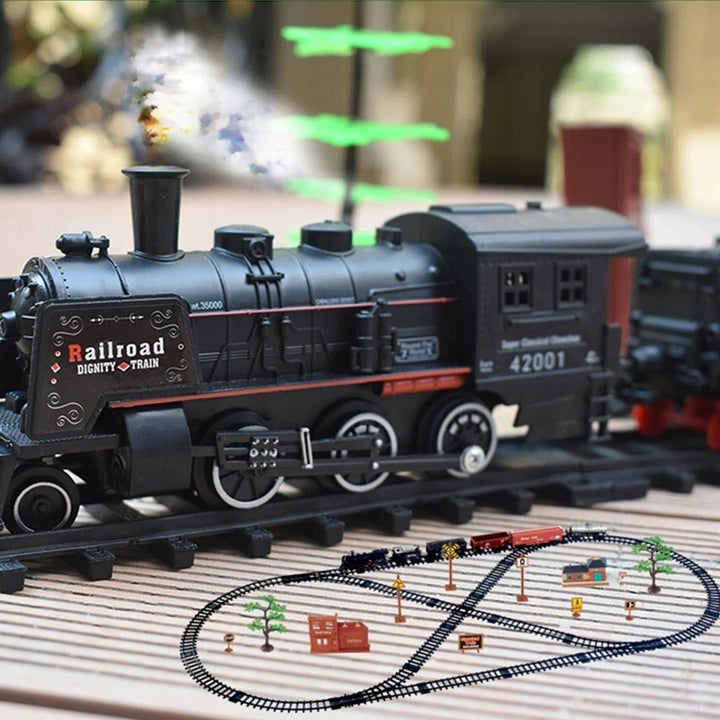 Klasikinis elektrinis traukinys su bėgiais, šviesos ir garso efektais