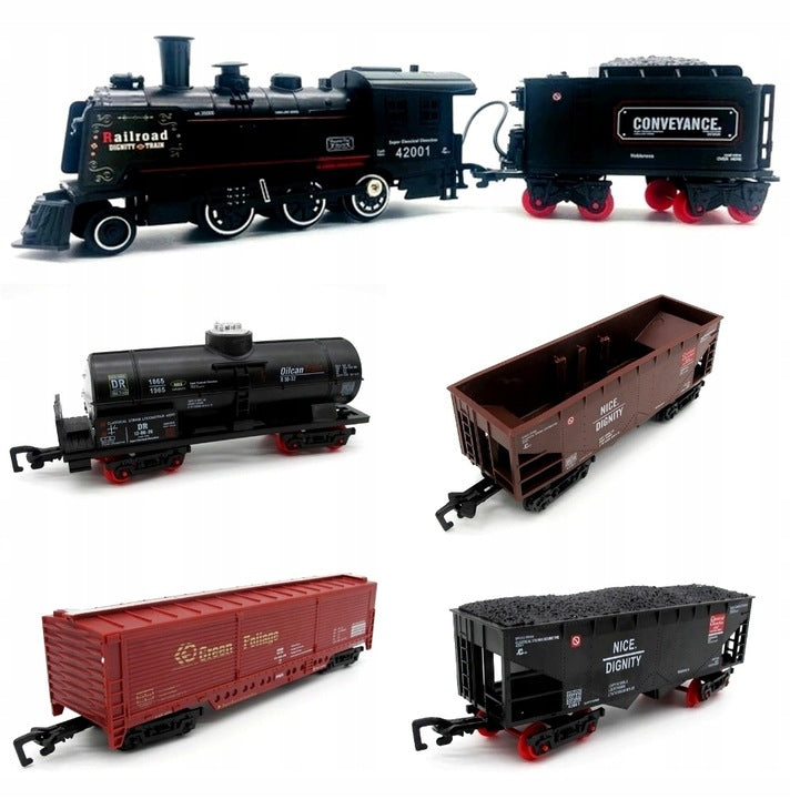 Klasikinis elektrinis traukinys su bėgiais, šviesos ir garso efektais