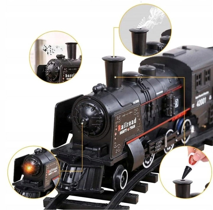 Klasikinis elektrinis traukinys su bėgiais, šviesos ir garso efektais