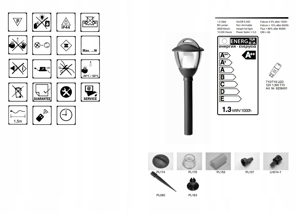 LED sodo šviestuvas 1,5W / 12V, aukštis 36,5 cm.