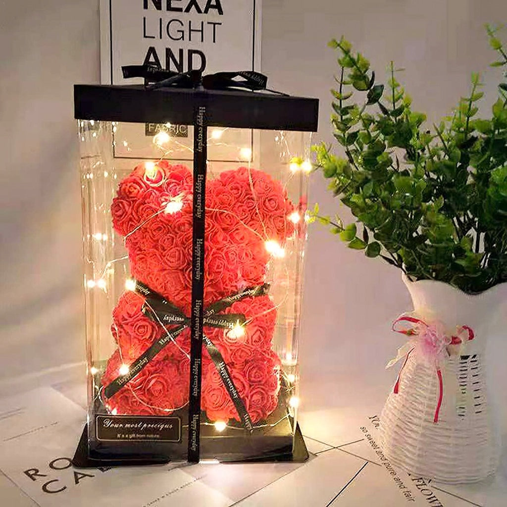 Meškiukas iš rožių 25cm + dovanų dėžutė + holograminis pakabukas + muilas rožių žiedlapiai + šokoladas + LED lemputės!
