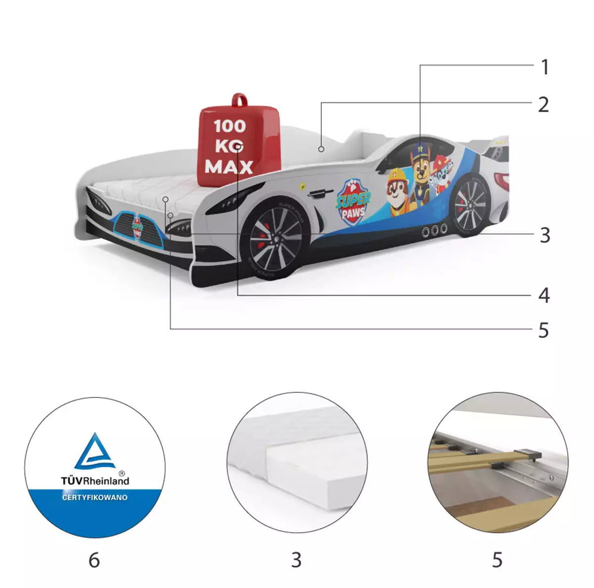 Vaikiška lova - automobilis su čiužiniu (šuniukai patruliai)