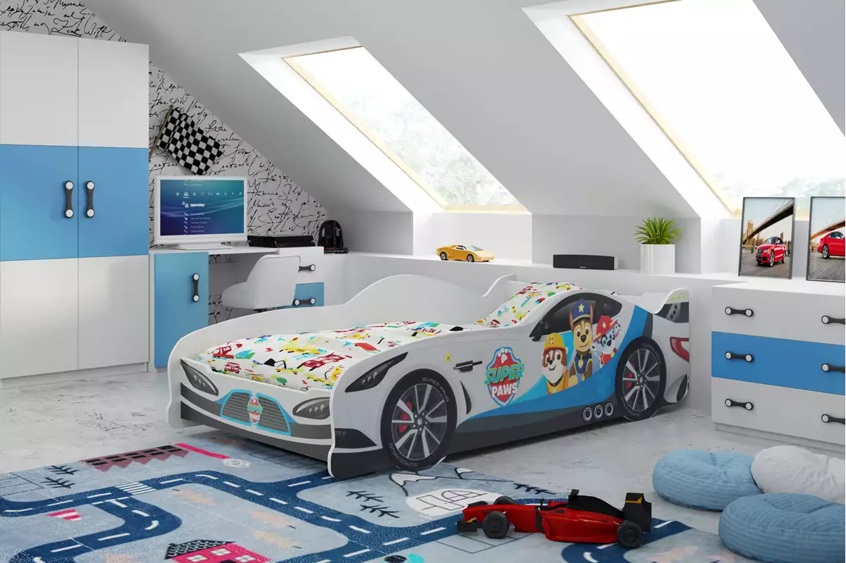 Vaikiška lova - automobilis su čiužiniu (šuniukai patruliai)