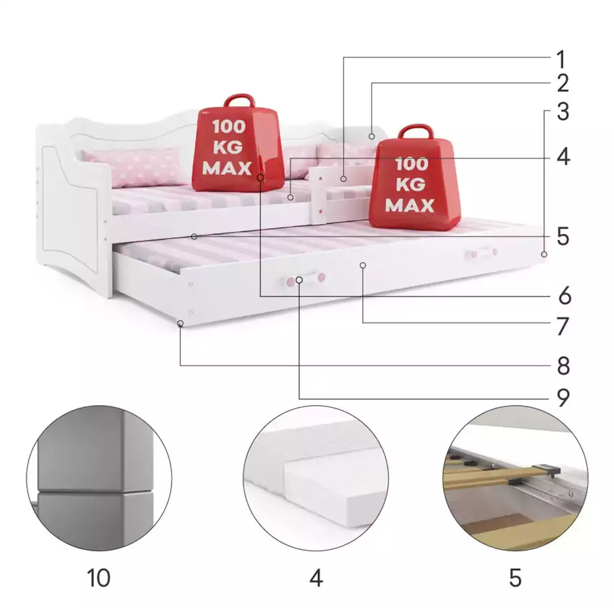 Vaikiška lova su čiužiniu 80 x 160 Stalčius + papildoma miegamoji vieta