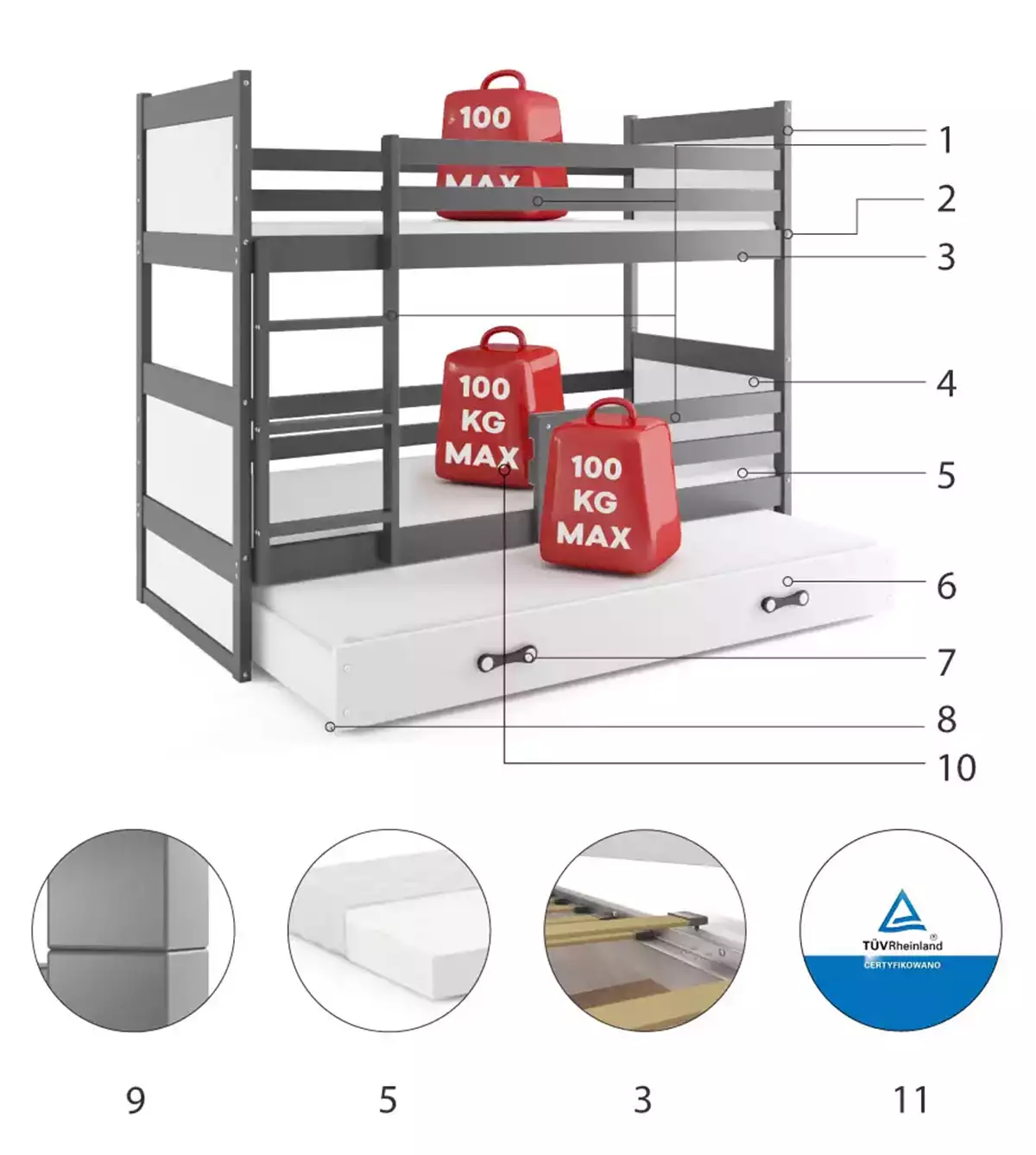 Dviaukštė lova su čiužiniu 80 x 160